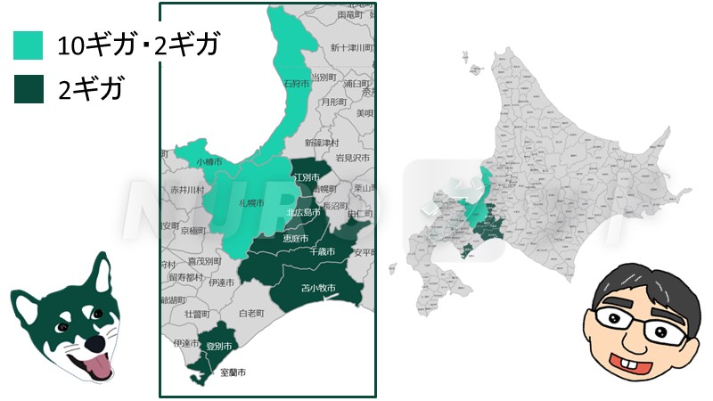 北海道でのNURO光の 10ギガと2ギガの提供エリアを示す地図。